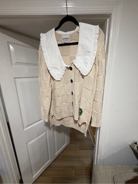 Ganni Cream Knit Cardigan with White Ruffle Collar